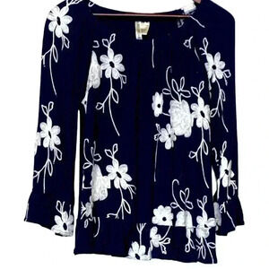 Forgotten Grace light and  airy navy blue boho off the shoulders top w em…